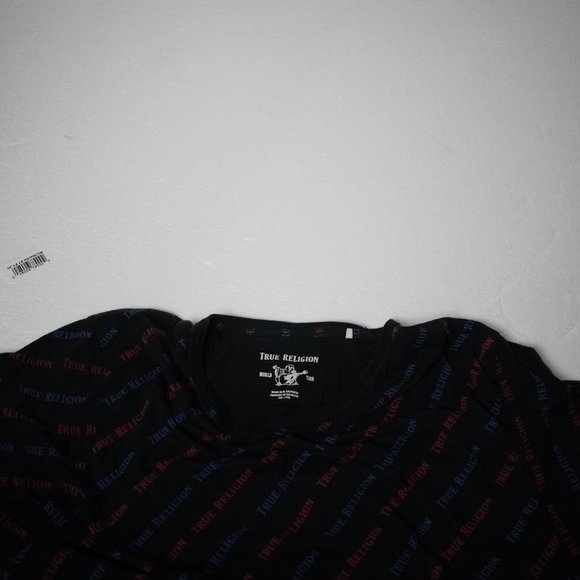 True Religion Brand All Over Logo Tee Black Red Print Size M Cotton Crewneck - Picture 4 of 4